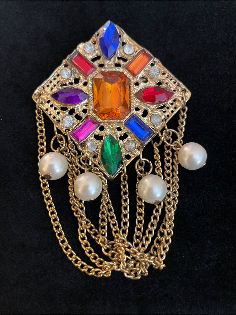 Gold-Tone Multicolor Gem & Pearl Fringe Brooch - Vibrant Orange Center